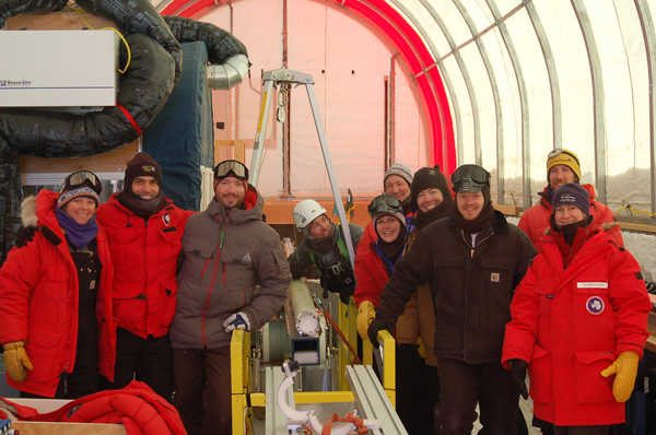 Group picture after drilling/collecting the first ice core with the Intermediate Depth Drill. Photo credit: Mindy Nicewonger.